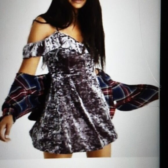 American eagle crushed velvet ruffle mini party dress  S/P gray y2k Grunge soft - Picture 1 of 7